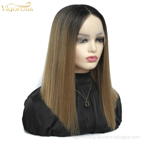 Vigorous wholesale fashion 14 inch cheap price new ombre brown straight handmade short synthetic hair lace front wig